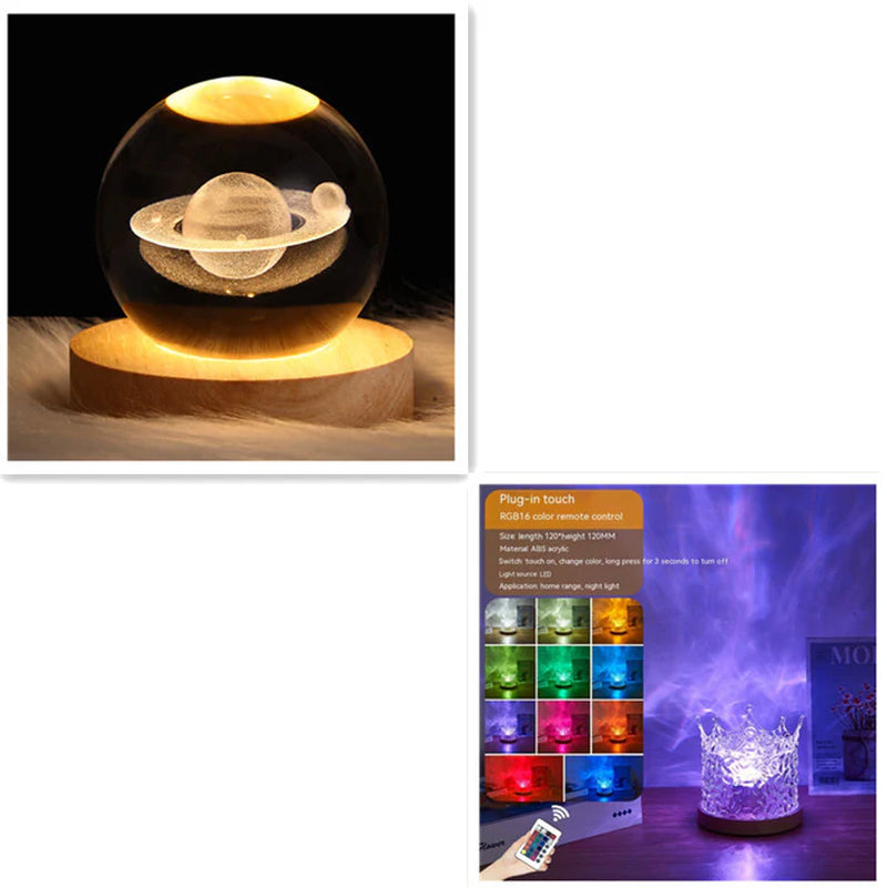 LED Water Ripple Ambient Night Light USB Rotating Projection Crystal Table Lamp RGB Dimmable Home Decoration 16 Color Gifts